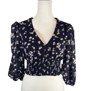 As U Wish Navy Floral Smocked Crop Top Blouse XS NWT
